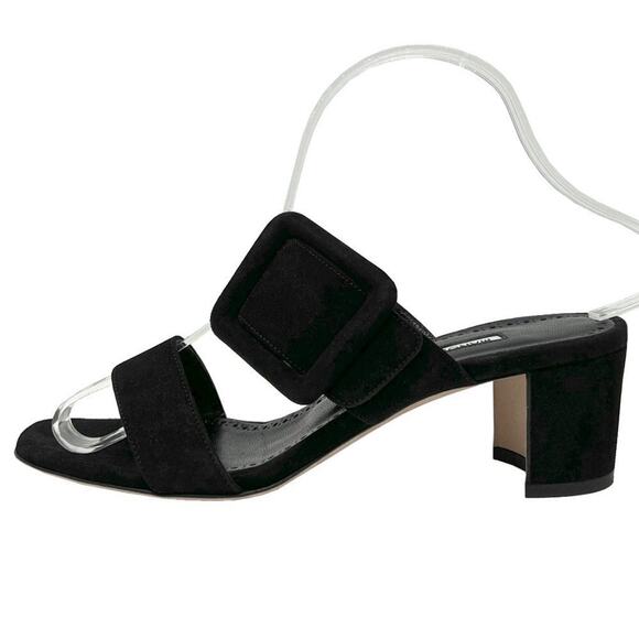 Manolo Blahnik Titubanew Black Suede Buckle Mules 38 50mm Block Heel - Picture 1 of 10